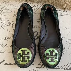 TORY BURCH Green Metallic Ballet Flats 8.5